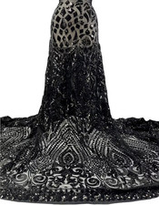Black Stretch Sequin Lace Fabric 4 way Stretch Mesh 54 width sold by the Yard
