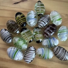 17 MIXED green white blue black  FLAT OVAL SWIRL  approx  24mm  Lampwork Glass