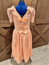 Vtg 80  s Women  s Party Dress Bows Lace Peach Size Medium Fairycore Orange