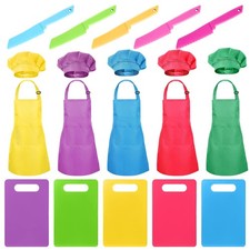 20 Pcs Kids Apron and Chef Hat Set Kids Plastic Knife Set with Cutting Board ...