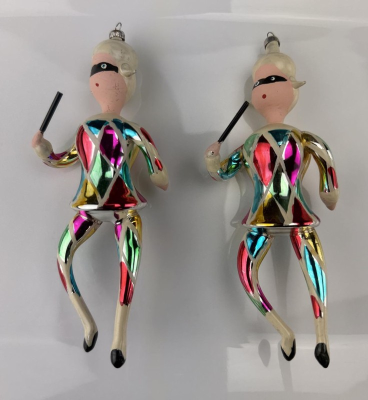 TWO Vintage Art Glass Ornament Harlequin Made in Italy handblown figures 1960s