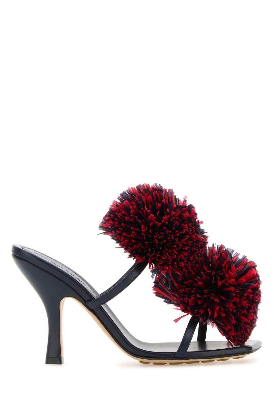 BOTTEGA VENETA Adam Red Raffia Ponpon Black Leather 90mm Heel Mules New