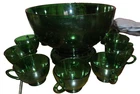 Vtg Anchor Hocking Forest Green Punch Bowl, Base, 12 Cups, Orig. Box, Ladle Rest