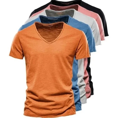 Herren Baumwoll T-Shirt V-Ausschnitt Sport Fitness Größen S-5XL - Bild 1 von 4
