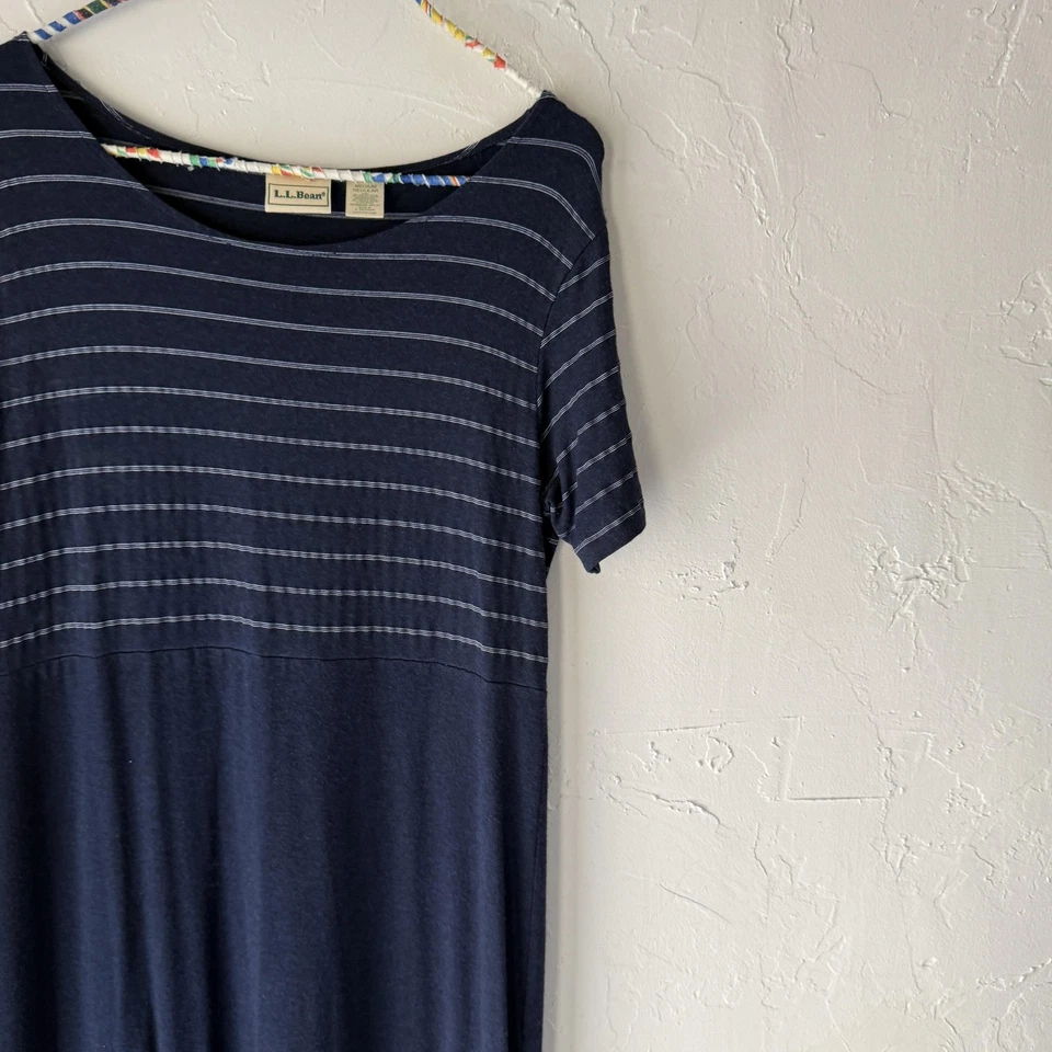 Vestido LL Bean Vintage Mediano Azul Marino Rayas Maxi Manga Corta Informal Foto 2 de 4