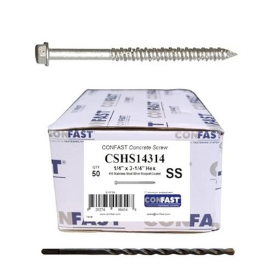 CONFAST 1/4'' x 3-1/4'' Concrete Screws 410 Stainless Steel Hex with Concrete D...