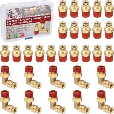 1/4'' Push-to-Connect Brass Fittings Kit, DOT, Straight & Elbow, 30PCS