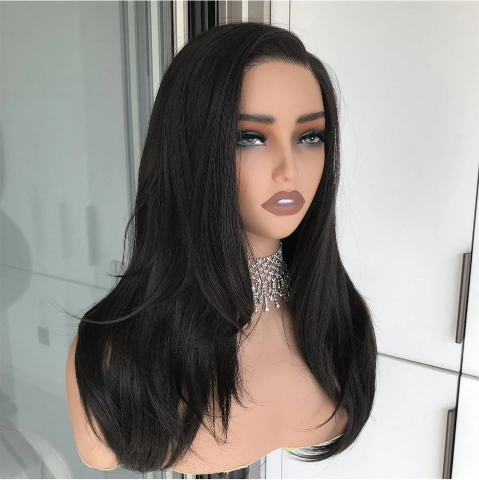 Peluca de encaje frontal HD mezcla de cabello humano negro  Foto 3 de 4