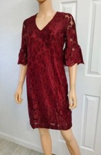 NWT $110 Chaps by Ralph Lauren Sz 2 Burgundy Red Lace Bell Sleeve V Neck Dress 