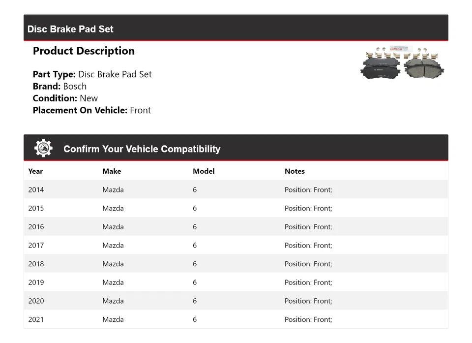 Pastillas de freno delanteras de cerámica QuietCast Bosch 2014-2021 Mazda 6 2015 2016 2017 Foto 2 de 4