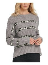 DKNY Women Gray Chunky Knit Striped Crew Neck Pullover Sweater Size S