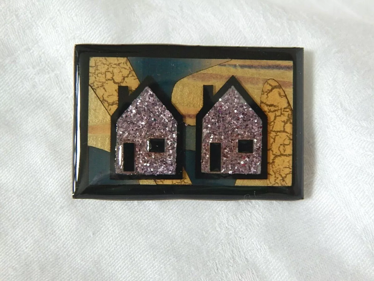 VTG HOUSE PINS by LUCINDA PURPLE GLITTER HOUSES HANDCRAFTED