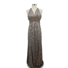 BG Haute Women's Silk V-Neck Silver Floor Length Sequin Evening Gown Size 0 NWOT