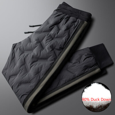 Mens 90% Duck Down Quilted Lined Pants Tapered Padded Trousers Striped