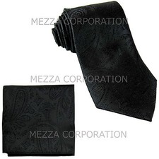 New Vesuvio Napoli polyester Men's necktie hankie set paisley party prom black
