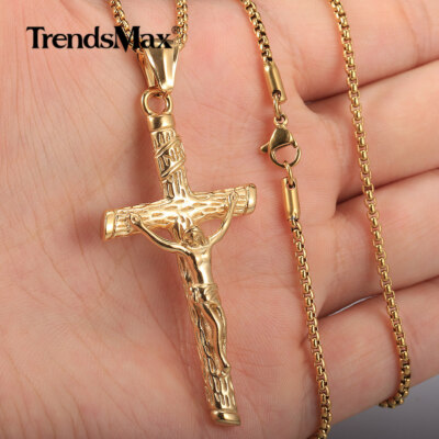Men Gold Plated Jesus Christ Crucifix Cross Pendant Necklace 16
