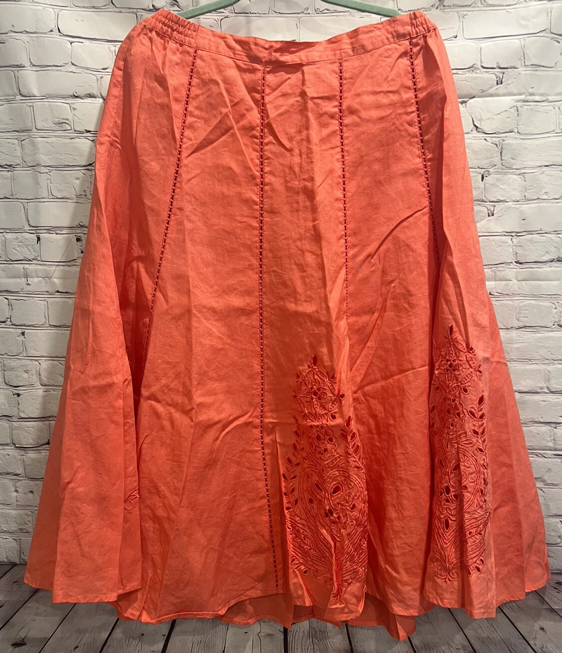 Lino USA Women’s Orange 100% Linen Embroidered Back Zipped Flare MIDI Skirt XL