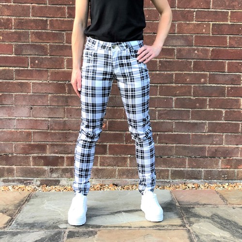 White Tartan Checked Trousers Slim White u0026 Black Skinny Plaid Pants | eBay