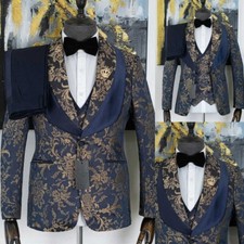 Men's Jacquard Fabric Suits Shawl Lapel 3 Pieces Slim Fit for Business Wedding