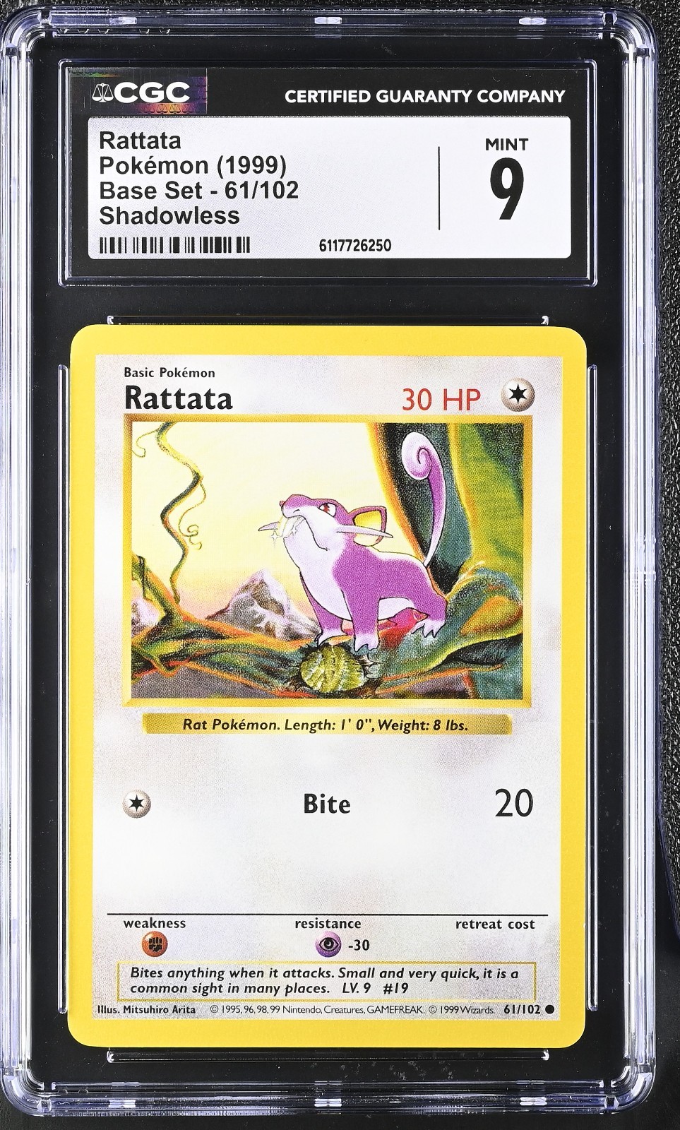 Pokemon Card Rattata 61/102 Shadowless Base Set 1999 CGC 9 MINT