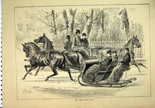 Original Old Antique Print 1881 Horses Sledging Snow Women Village Scene 19th