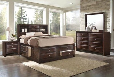 NEW ULTIMATE Cherry Brown Storage Queen King 4PC Bedroom Furniture Set Bed/D/M/N