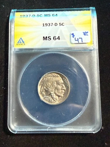 1937 D BUFFALO NICKEL ANACS MS 64