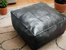 Pouffe Ottoman Footstool Unstuffed 30'' Black Handmade Footrest Leather Moroccan