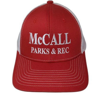 NV CAPS McCall Parks & Rec Red Trucker Hat Snapback OS Adjustable Embroidery