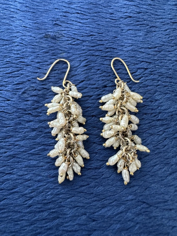 14k Yellow Gold Filled GF Cha Cha Style Pearl Drop Dangle Earrings, 2” Long - Image 4 of 4