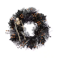 24 In. D Black Rose, Skeleton and Berry Halloween Wreath Includes a Complimentar