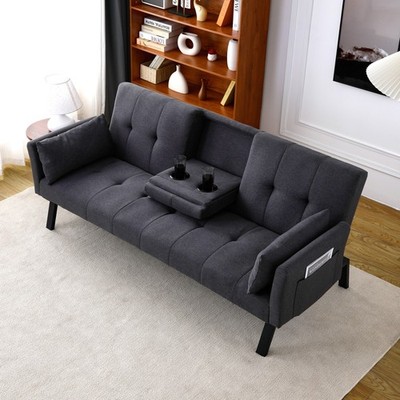 70'' multi-functional cotton and linen sofa bed: foldable +cup holder DARK GREY