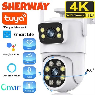 4K 8MP Tuya Security Camera Dual Lens WIFI Camera PTZ Outdoor Dual Screen Camera
