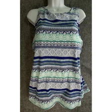 Lands End Womens Swim Top Blue Green Boho Print Tankini Built in Bra Size 18L