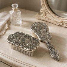 Vintage Silver Plated Hair Brush Ornate Vanity Set w/ clothing brush
