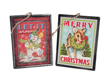 Lot of 2 Vintage Inspired Tin Metal Snowman  Deer Christmas Ornament 6" x 4"