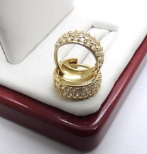 14k Yellow Gold 3 Row CZ Cubic Zirconia Huggie Back Hoop Earrings 2.8 Grams