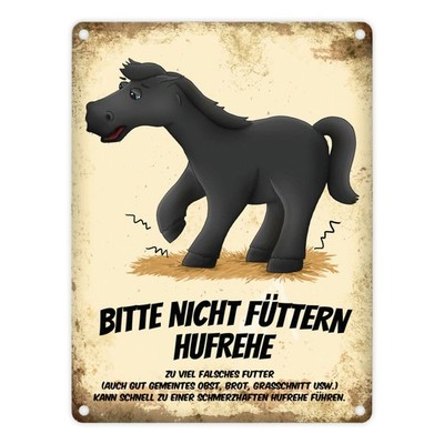 Metallschild mit schwarzes Pferd Motiv und Spruch: Bitte nicht füttern - Hufrehe