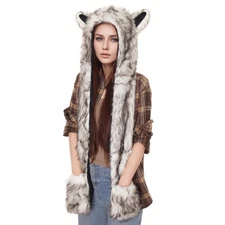 Winter Animal Hat Faux Fur Hooded Scarf with Mittens Gloves Furry Ears Paw Gl...