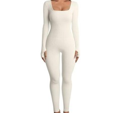 Women Long Sleeve Square Neck Bodycon Jumpsuit Ribbed Knit Yoga Workout Romper