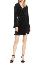 CHARLES HENRY Black Ribbed Velour Velvet Ruffle Wrap Tie Dress XS 0/2 Nordstrom