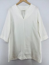 DKNY TUNIC Dress Womens L DONNA KARAN Linen Split V-Neck Fish Embroidered White