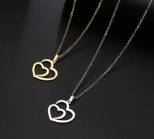 Elegant Stainless Steel Hollow Double Heart Stud Earrings/Pendant Choker 17" 