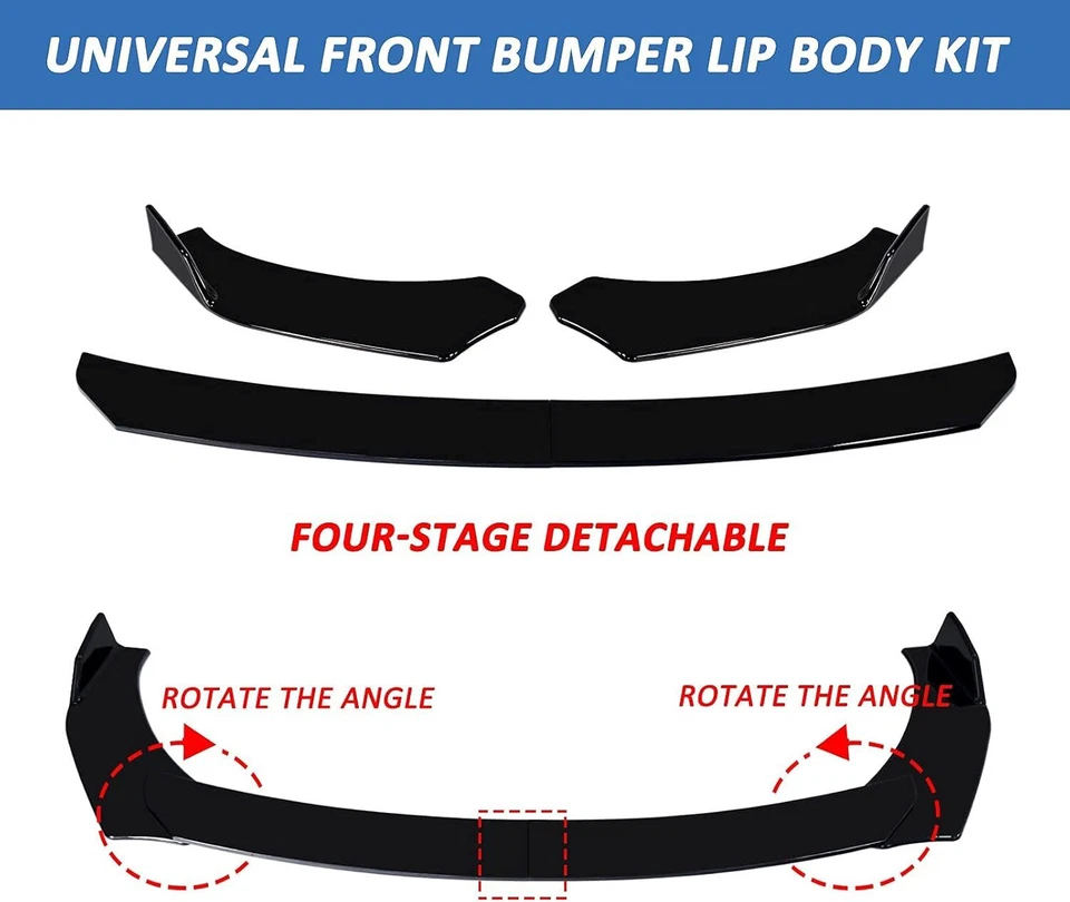 Universal Front Bumper Spoiler Body Kit / Side Skirt /Rear Lip Set Glossy Black - Image 3 of 4