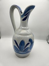 Mexican handmade pottery tall pitcher with blue bird and leaves grey blue