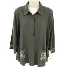 Nwt Erika Women's Linen Blend Embriodered Jacket Size L Olive Green