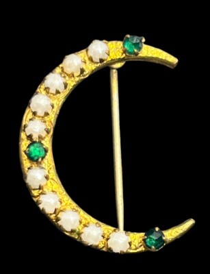 Victorian gold tone crescent moon brooch pin c clasp faux pearl green rhinestone