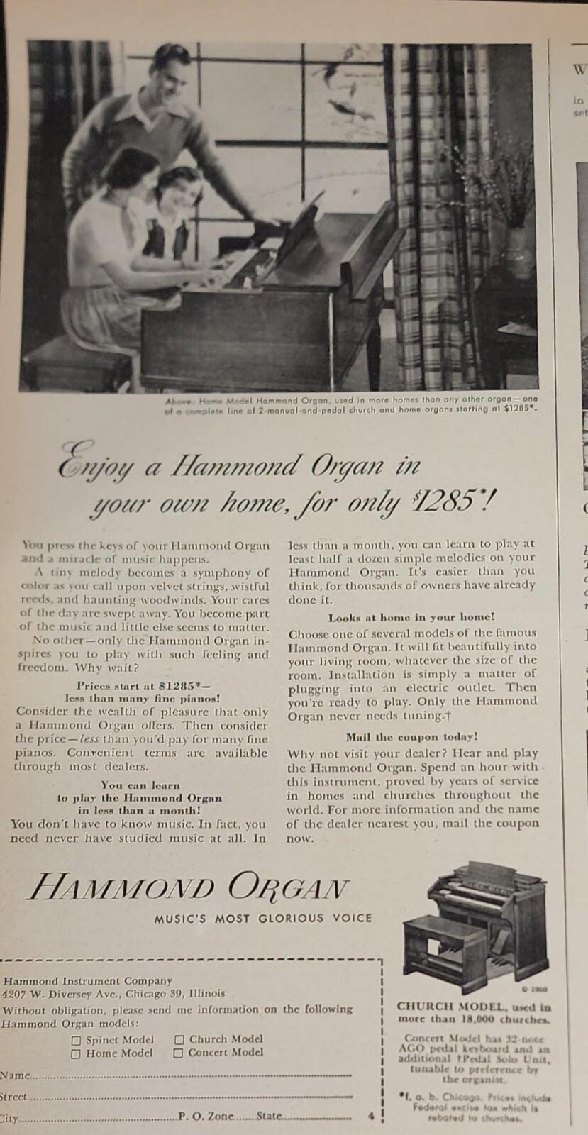 Hammond Organ Piano Magazine Ad Picture Vintage Print Wall Art Musical Decor