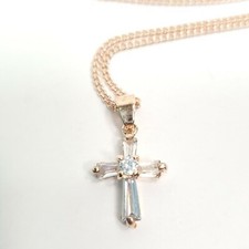 N0156 Dainty Rose Gold Tone Base Clear Rhinestones Mini Cross Pendant Necklace