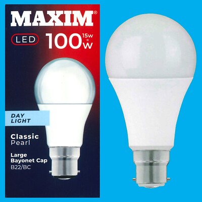 2x 15W (=100W) GLS BC B22 A60 LED Light Bulb 6500K Daylight White Lamp